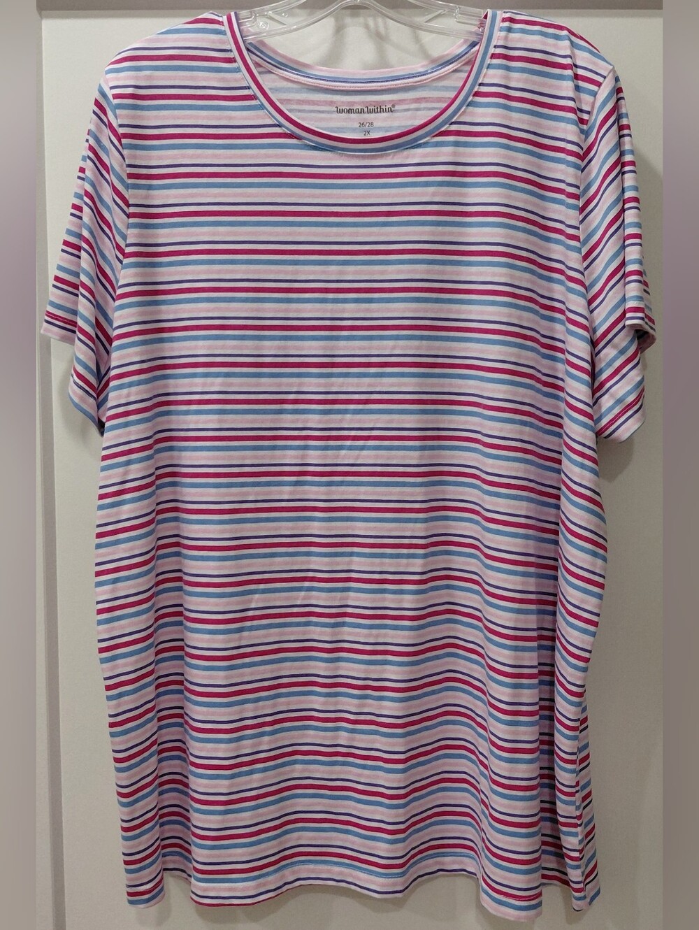 Woman Within Sz 2X Striped Short Sleeve Tee in White, Pink, Purple And Blue